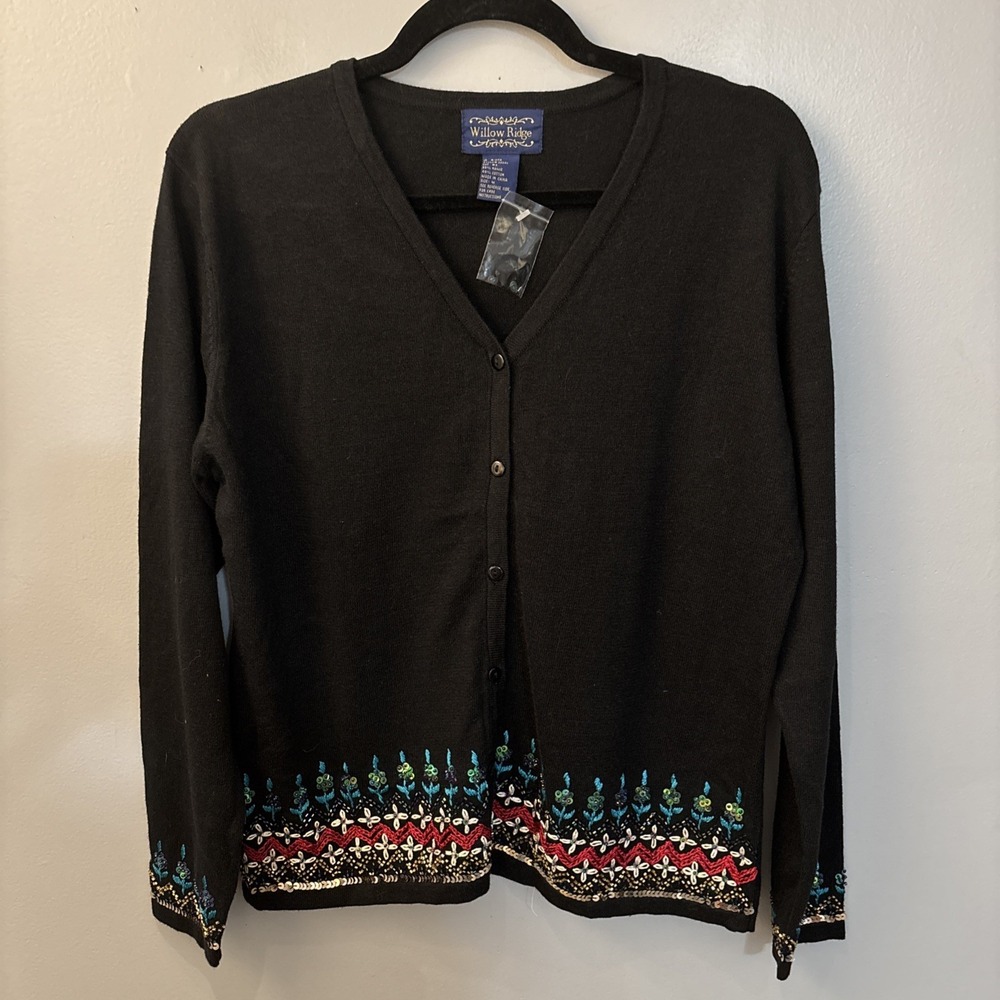 Vintage Willow Ridge Black Button Down Cardigan Embroidery Sequins Trim Sz M
